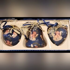 Set of 3 Decoupage Christmas Ornaments Victorian Angels 2" Ball Bell Heart w/Box